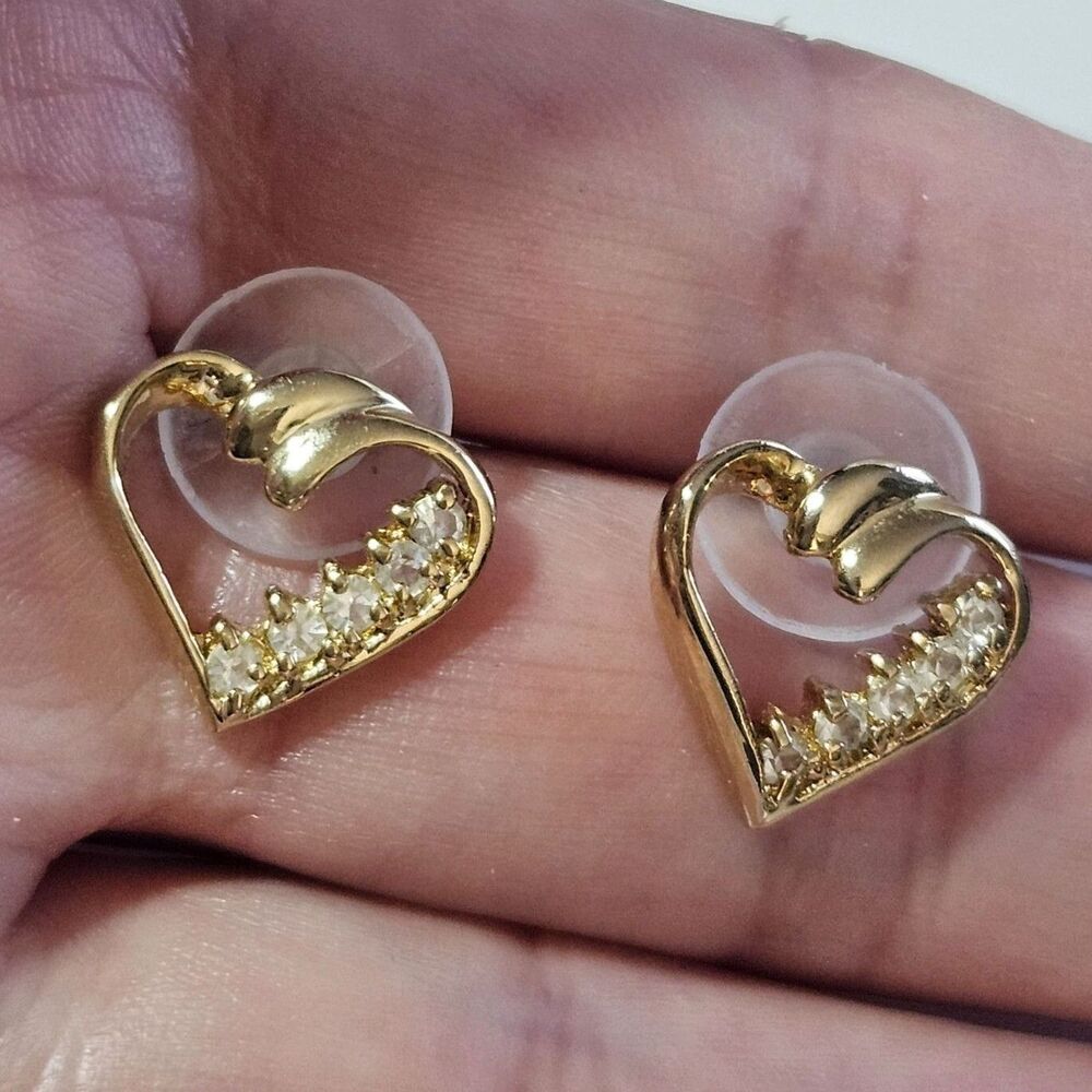 Gold Tone Open Heart Clear Rhinestone Earrings Dainty